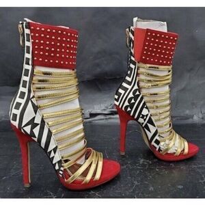 Redkiss Gold/BlackRed Open Toe Gladiator stiletto 5” heels Size 6